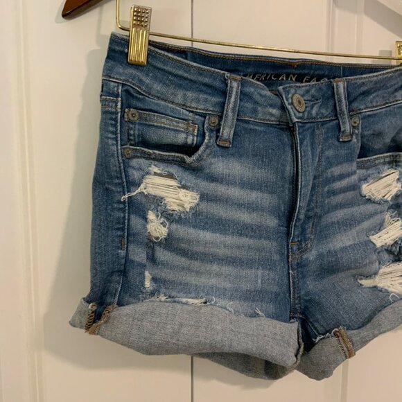 American Eagle Stretch Hi Rise Shortie Denim Cutoff Shorts Size 4 - Picture 3 of 10